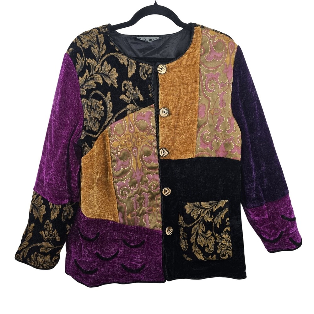 Vintage Indigo Moon Jacket Buttons Rayon‎ Polyester Pockets Lined Embroided